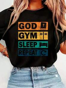 Women's Tops God Gym Sleep Jesus Christian Faith Workout Gym T-Shirt Casual Printed T-Shirt With Round Neck And Short Sleeves, Comfortable, For Spring And Summer, Women's Clothing, Summer Tops. - 黑色 - 查看 7