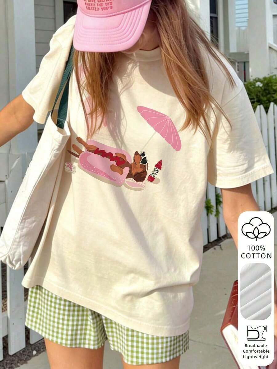 Camiseta de manga corta de cuello redondo holgada con estampado de salchicha, ideal para el uso diario, nueva y casual para el verano, para tomar el sol en la playa100% Cotton - Albaricoque 2 - Ver 1