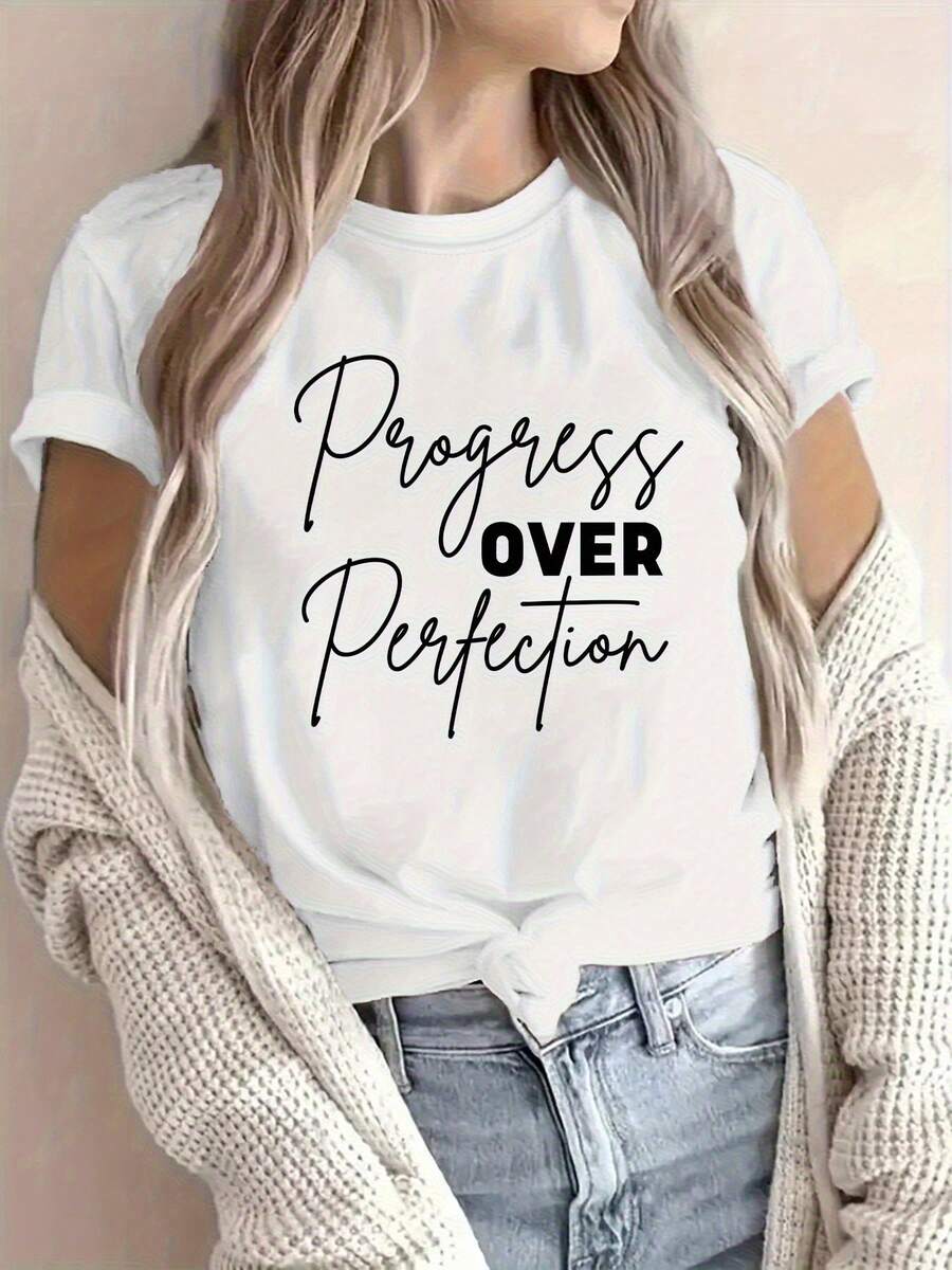 Wo "Progress Over Perfection" Motivational T-Shirt | Blanco con letras negras, cuello redondo casual, manga corta, uste relado, lavable en máquina, tela transpirable, toda la tempor, diseño minimalistara la moda femenina