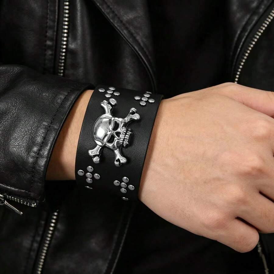 1pc Men's Skull Punk Bracelet, Punk Style Daily Accessory, Gift - Black - View 1