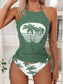 Conjunto de top de tankini con cuello halter y Bottom con estampado de palmeras, cordón y fruncido, para vacaciones y playa - Verde - Ver 7