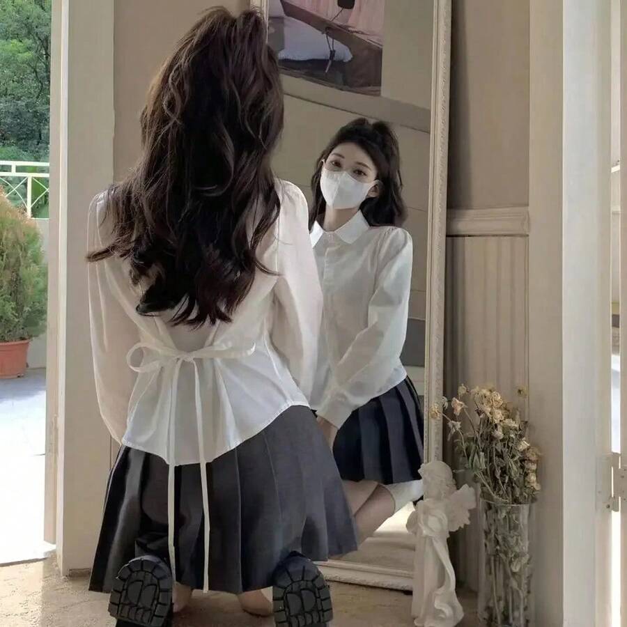 Camisa blanca básica de vendaje Preppy para mujer, Top ajustado de manga larga, camisas tipo túnica con botones escolares, blusa informal para mujer - Manga larga blanca - Ver 1