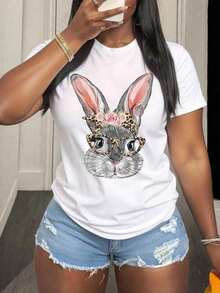 Estampado Gráfico Camiseta Mujer Algodón Ligera VeranoWomen Round Neck T Shirt Bunny With Leopard Glasses And Flower Crown Print Short Sleeve Casual Summer TopOversize Camiseta Mujer Estampado 100% Algodón Puro - Blanco - Ver 1
