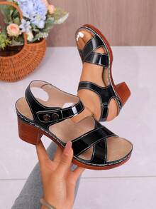 Summer Open Toe Sandals, Vintage PU Leather Rivet Embellished Chunky High Heel Bare Strap Design, Party Wear For Spring & Summer - Black - View 6