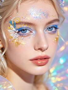 1pc Rhinestone Eye Jewel Sticker - Half Eye Pink & Blue Floral Rhinestone Sticker, Self-Adhesive Face Gems, Suitable For Eye Makeup, Music Festivals, Parties And Outings, Convenient Reusable Decoration To Enhance Eye Makeup,Rhinestone Face Sticker - Multicolor - View 4