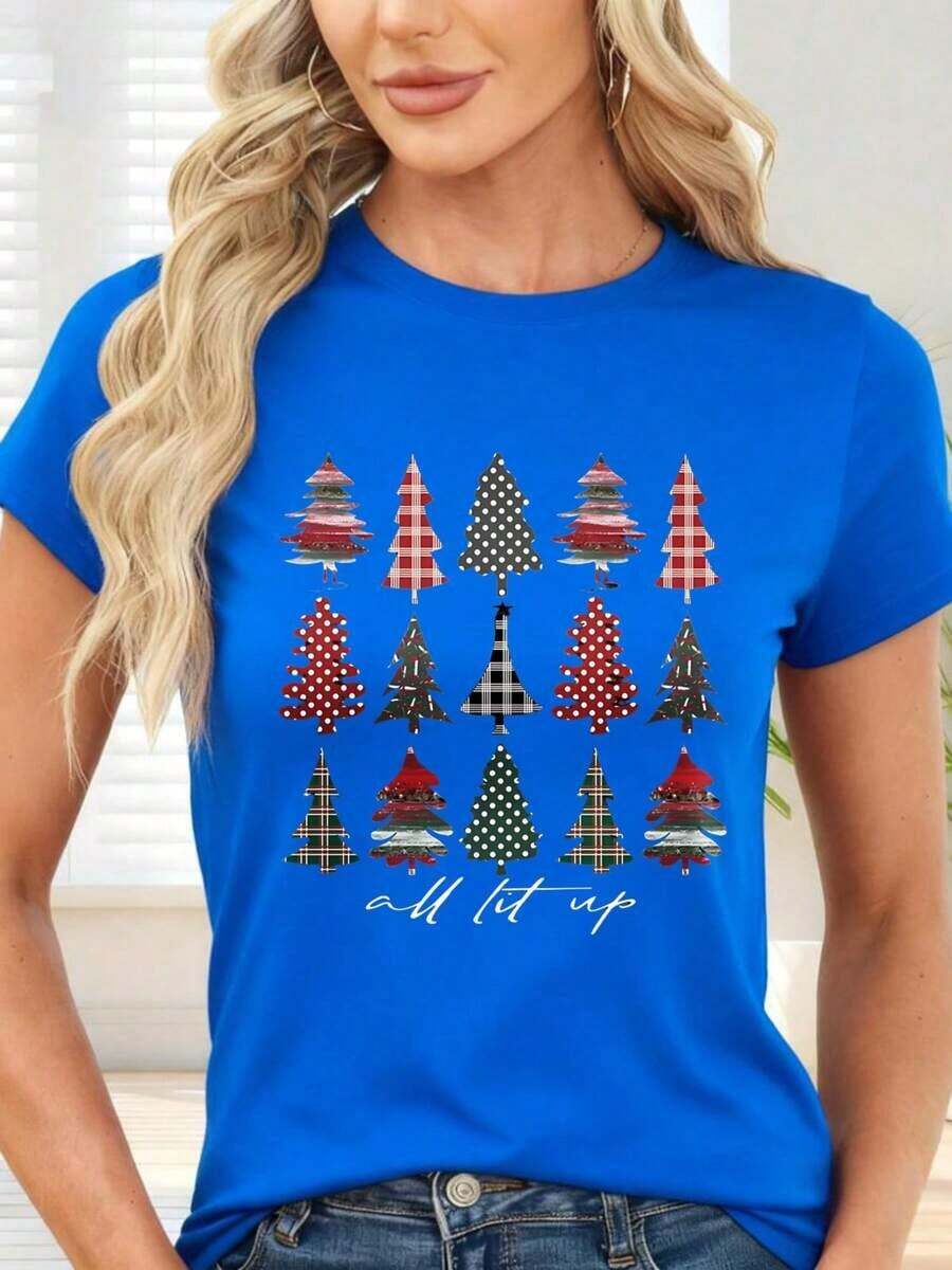 GiftCamiseta de con Estampado de Árboles de Navidad a Cuadros y Texto All Lit Up para Fiesta NavideñaSoft - Azul - Ver 1