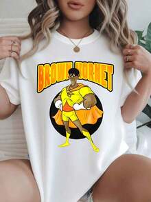 Camiseta Casual de Manga Corta para Mujer - Personaje Superhéroe Hornet Marrón con Traje Amarillo, Cuello Redondo, Top de Verano, Lavable a Máquina, Camisetas para Damas, Ropa Casual, Estilo Moderno, Ajuste Cómodo  
 -Blanco - Blanco - Ver 7