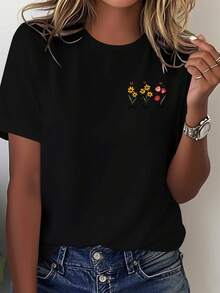 Women's Casual T-Shirt With Round Neck And Floral Design "Faith Hope Love" - Soft, Comfortable, Short Sleeve, Regular Length, Ideal For All Seasons, Casual Wear | Floral Print T-Shirt | Comfortable Fit, White T-Shirt With Flowers - 黑色 - 查看 5