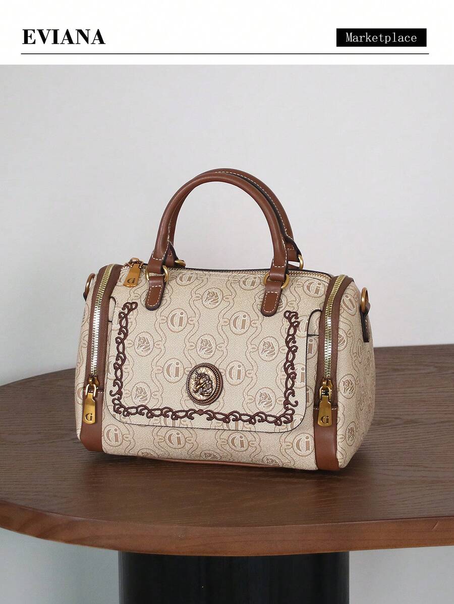 High-End Boston Handbag, New Summer Versatile Pillow Bag, Crossbody Shoulder Bag For Women, Multi-Pocket Retro Printed Color Block Tote, Fashionable & Elegant Work Bag