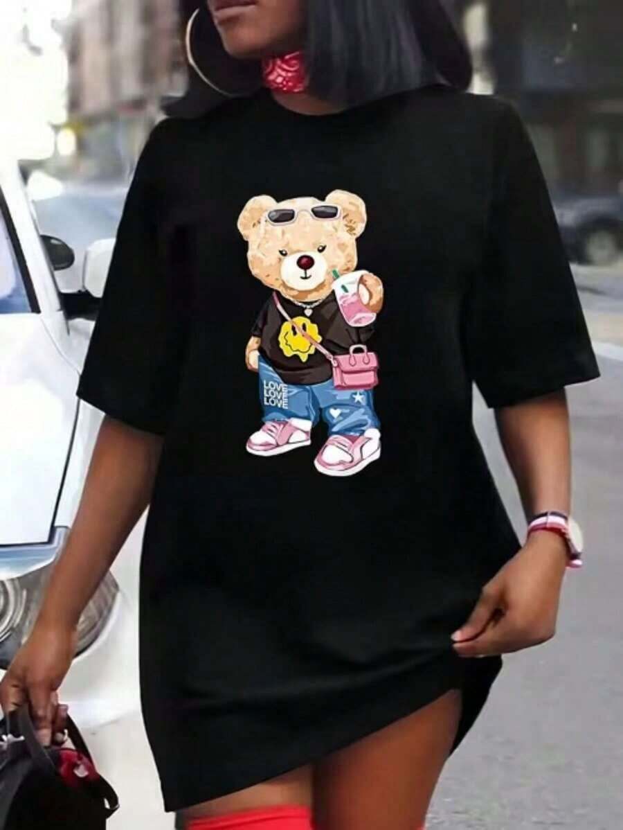 Camiseta de mujer moderna, informal, para fiestas y para estar en casa, 100% algodón, corte holgado. . De corte holgado. Camiseta de Mujer de Manga Corta con Estampado Gráfico de Oso de Peluche con Bebida - Estilo Vintage Urbano Unisex, Holgada, de Algodón, Cuello Redondo, Blusas Casuales - Negro - Ver 1