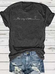 Camiseta de cuello redondo para mujer de edición limitada, cómoda y suave, con diseño de estampado cruzado, adecuada para uso diario casual, diseñpor His Way Is Better. Algodón ligero - Negro - Ver 10
