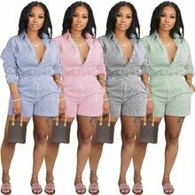 (Free Shipping) Plus Size Women Clothes,2026 Spring/Summer New Arrival Fashionable Casual Striped Buttoned Collar Two-Piece Set - 藍色 - 查看 2