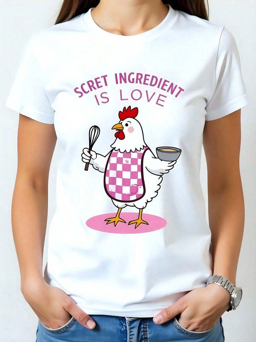 Personalized Women's White Cotton T-Shirt With Rooster Design "Secret Ingredient Is Love", Round Neck And Short Sleeves, Casual And Fun, Perfect For Cooking Lovers Or Original Gift, Regular Size, Lightweight Summer Clothing. Unisex Vintage Urban Style Loose Fit Cotton Short Sleeve Round Neck T-Shirt - 白色 - 查看 1