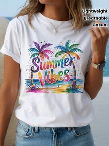 Camiseta con diseño de palmera tropical estilo Y2K y un toque veraniego - una camiseta de playa ligera de manga corta y cuello redondo adornada con un estampado en rosa claro, morado, azul, amarillo, naranja y verde.Perfecto para uso casual en primavera y verano. - Blanco - Ver 1