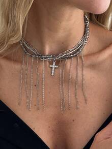 1pc Punk Style Sexy Rhinestone Cross Beaded Pendant Choker Necklace, Charming Dark Vibe Alloy Beaded Cross Necklace For Women, Suitable For Birthday Party, Festival, Daily Wear, Music Festival, Wedding Fashion Jewelry - Collar - View 12