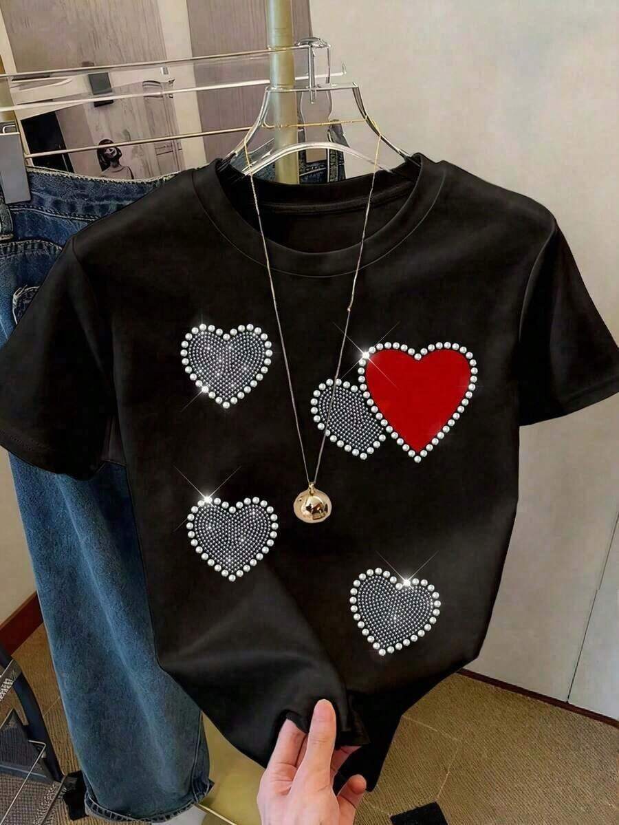 Women's Casual Round Neck T-Shirt, Sparkly Heart Print With Sequin Effect, Versatile And Modern Blouse, Slightly Stretchy Fabric, Ideal For Everyday Wear. - 黑色 2 - 查看 1