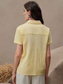 Blusa de mujer con bordado floral elegante de manga corta, versátil para vacaciones, viajes, primavera/verano, festivales, graduación - Amarillo - Ver 2