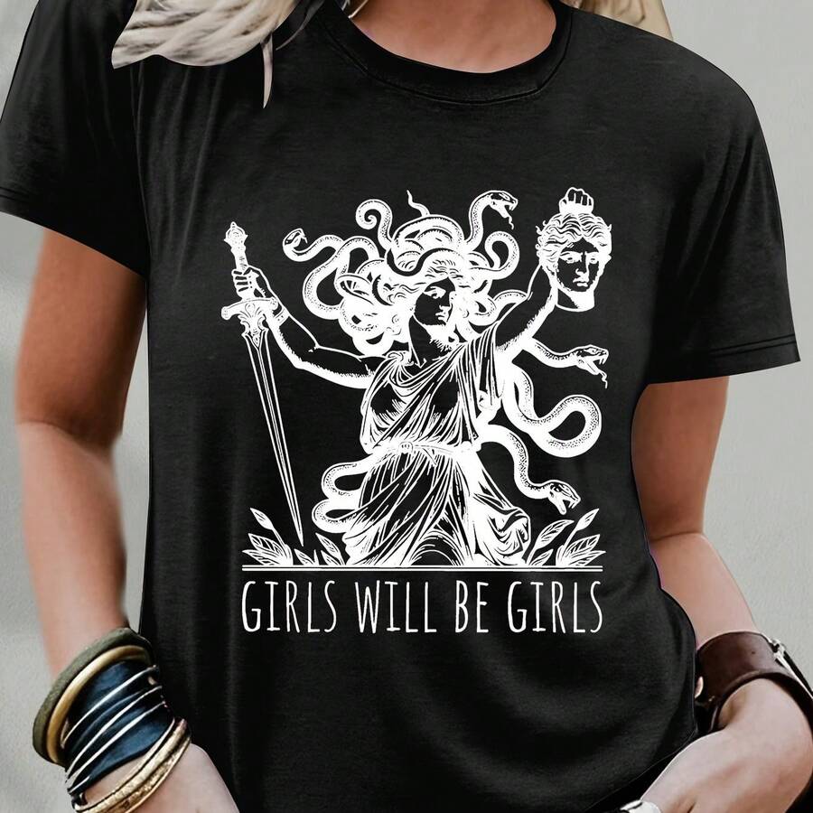 Women's Gothic T-Shirt: Soft And Breathable For Everyday Wear, With A Dark Fantasy Design. Lightweight And Versatile, Ideal For Daily Wear And Halloween Parties. Women's Collection, Women's T-Shirts, Casual Wear, Crew Neck Tops. - 黑色 - 查看 1