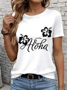 Women's Short-Sleeved T-Shirts In Black And White Are Suitable For Everyday Wear, Lounging At Home, And Outdoor Activities. This Casual Women's T-Shirt Features A Hawaiian Floral Print, A Round Neck, Short Sleeves, And A Graphic Tee, Making It A Great Gift For Parties And Holidays. - 白色 - 查看 7
