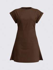Vestido corto casual de punto de unicolor con cuello redondo, manga corta y cordón lateral para mujer - Marrón - Ver 5
