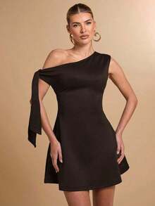 Falda asimétrica elegante de línea A con volantes en el bajo y detalle de lazo en el hombro en diseño ajustado negro para mujer - Café integral - Ver 6