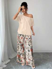 2 piezas Conjunto de top asimétrico de cuello sólido y pantalones con estampado tropical, estilo casual de vacaciones - Albaricoque - Ver 6