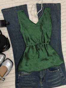 Camiseta sin mangas de moda casual con cuello en V y lazo frontal para mujer - Verde - Ver 2