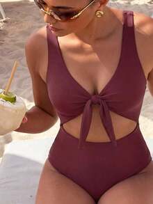 Swim Vcay Traje de baño de una pieza de unicolor negro elegante sin mangas, de cintura alta y con tirantes ajustables, para primavera/verano 2026 - Burdeos - Ver 3