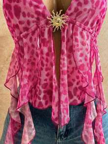 Blusa de mujer con encaje bordado, escote halter, espalda descubierta, tirantes con lazo, bajo fluido y elegante, adecuada para la playa, cruceros y resorts - Rosa Fucsia - Ver 5