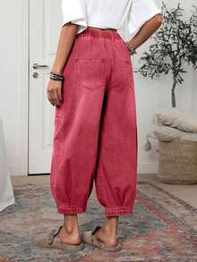 Pantalones vaqueros casuales de mujer con cintura con cordón y lavado vintage, pantalones casuales de mujer, pantalones de verano de mujer con cintura elástica, pantalones de mujer con bolsillos, pantalones caqui de mujer - Rojo 2 - Ver 2