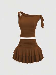 Conjunto de top de tirantes y minifalda plisada y con decoración de flores metálicas para mujer, ideal para el verano - Marrón Mocha - Ver 3