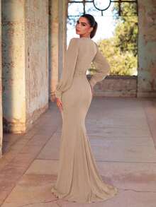 Elegant Bridesmaid Dress - Crossover Neckline, Ruffle Details, Fishtail Hem - Champagne - View 3