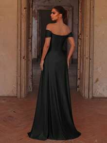Elegant Off-Shoulder Draped Formal Gown, High Thigh Slit, Flowing Train, Perfect For Prom, Birthday, Special Occasions - Black - View 2