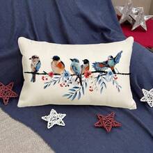 1pc Watercolor Bird & Flower Pattern Rectangular Linen Throw Pillow Cover, Farmhouse Style Decorative Cushion Cover Suitable For Sofa - Multicolor - View 3