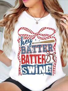 1 pieza Camiseta con Gráfico de Béisbol "Hey Batter Batter Swing" para Mujer, Top Deportivo Casual, Ropa de Verano, Regalo Divertido para Fanáticos del Béisbol. Es una camiseta perfecta para regalar a amigos y familiares en cualquier día festivo u ocasión especial, 180g Algodón 100%. - Blanco - Ver 1