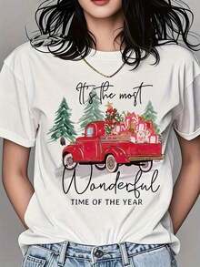 Christmas Santa Hat Graphic T-Shirts, Unisex Round Neck T-Shirt For Summer, Beach, Vacation, Casual, Neutral, Short Sleeve, Black Print, Classic For Summer Travel, Cotton T-Shirts For Summer. - 白色 - 查看 9