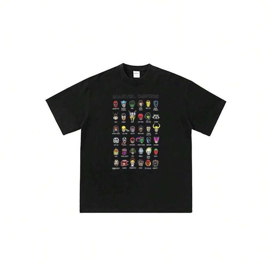 Camiseta unisex divertida de manga corta con cuello redondo y estampado de personajes de Marvelss Comics. Camiseta informal de verano. - Negro - Ver 1