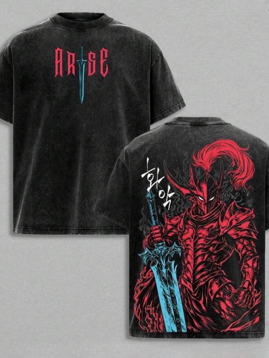 Vintage Washed Cotton T-Shirt With Shadow Knight Commander Anime Print, Absolute Loyalty And Silent Sword Theme, Gift For Anime Fans, Daily Wear For Otakus, T-Shirt, Urban Casual Wear, Gothic Clothing, Summer Clothing Y2K. - 黑色 - 查看 1