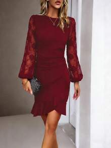 Vestido de encaje nuevo para mujer, de moda, mangas abullonadas, diseño favorecedor, perfecto para looks casuales, citas y ocasiones especiales - Burdeos - Ver 2