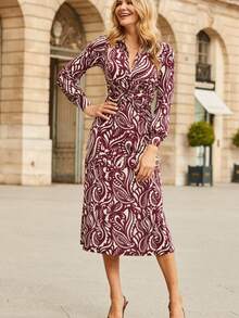 Women's Long-Sleeved Maxi Dress, Autumn-Winter, Printed, Button-Down With Knot/Twist Design, Slim And Flattering Fit, Casual And Elegant Style, Perfect For Day And Night - 酒紅色 - 查看 4