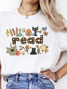 GiftGiftGiftGiftComfort Colots Teacher T-Shirt With Book Print For Kids, Oversized Graphic Tees For Women, Book Lover T-Shirt, Teacher T-Shirt, Elementary School Teacher T-Shirt, Kindergarten T-Shirt, Summer T-Shirts And Tops For Women, Pure Cotton Short Sleeve Crew Neck Urban Style T-Shirt, Soft. Soft - 白色 004 - 查看 6