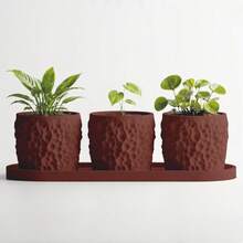 ORIZZONTE Juego de jarrones decorativos modernos con bandeja ovalada – Diseño minimalista con textura geométrica efecto piedra para suculentas y bonsáis – 100% Hecho en Italia, Envío desde Italia - Chocolate - Ver 3