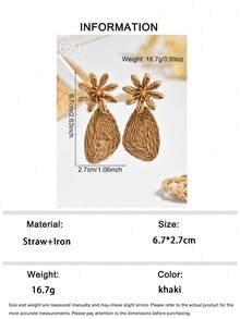 OOQ 1 Pair Bohemian Asymmetrical Geometric Floral Earrings, Handmade Rattan Woven Earrings, Fashionable & Unique Design, Suitable For Any Holiday, Beach, Vacation Wear (Handmade Rattan Woven, Shape & Direction Random) - Khaki - View 5