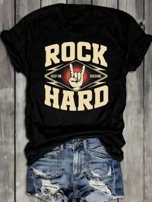 Camiseta Gráfica Vintage Rock Hard para Mujer - Camiseta Retro Rock de 100% con Peso Pesado de  con Estampado "Keep On Rocking" y Diseño de Gesto de Mano, Top Casual de Manga Corta y Cuello Redondo para Conciertos, Ropa Casual y Amantes de la Música () - Ajuste para Todas las Estaciones - Negro - Ver 1