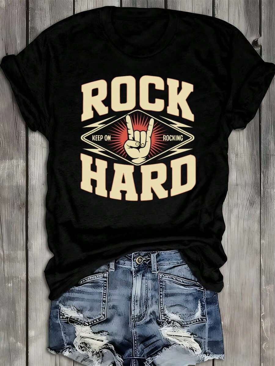 Camiseta Gráfica Vintage Rock Hard para Mujer - Camiseta Retro Rock de 100% con Peso Pesado de  con Estampado "Keep On Rocking" y Diseño de Gesto de Mano, Top Casual de Manga Corta y Cuello Redondo para Conciertos, Ropa Casual y Amantes de la Música () - Ajuste para Todas las Estaciones - Negro - Ver 1