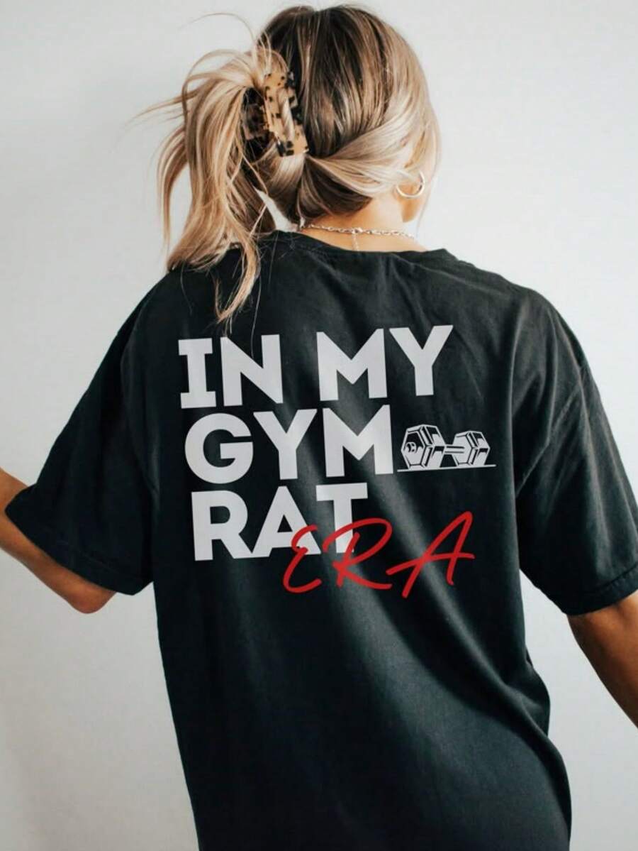 Camiseta de Mujer con Estampado de Letras "In My Gym RAT" - Casual, para Todas las Temporadas, Cuello Redondo, Manga Corta, Corte Holgado, Camiseta Deportiva| Diseño de Texto Divertido| Camiseta Y2k de ajuste cómodo - Blanco - Ver 1