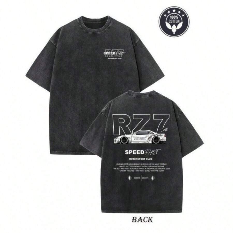 1 pieza Camiseta de manga corta de cuello redondo oversize unisex desgastada y lavada, 100% algodón pesado de 220g, diseñada por artistas Y2K estilo americano vintage, estampado gráfico de nombres de ciudades, ideal para uso diario, conciertos y festivales - Negro - Ver 1