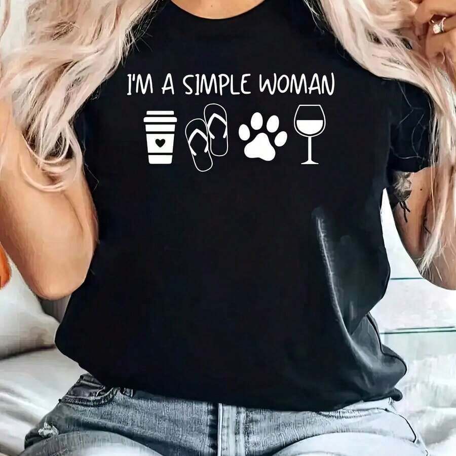Camiseta de mujer moderna, informal, para fiestas y para estar en casa, 100% algodón, corte holgado..corteholgado. Camiseta gráfica de mujer "Soy una mujer sencilla" - Diseño de café, huellas de pata y vino, con estampado blanco, top casual de manga corta y cuello redondo, lavable a máquina, camiseta de verano y primavera, camisetas de mujer - Estilo vintage urbano unisex, camiseta de algodón holgada de manga corta y cuello redondo. - Negro - Ver 1