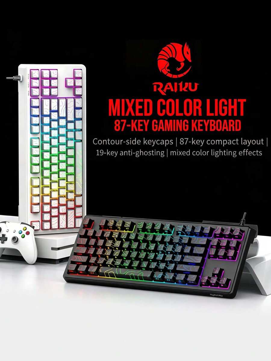 Raikei DG87 有线键盘，高品质设计，机械键盘手感，RGB 背光，加高键帽，办公游戏两用键盘，营造桌面氛围 - 查看 1
