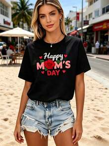 1 Women's T-Shirt With "Happy Mother's Day" Print, Short Sleeves And Round Neck, Casual Style, Loose And Comfortable Fit, Ideal As A Mother's Day Gift, For Everyday Use In Spring/Summer. - 黑色 - 查看 4